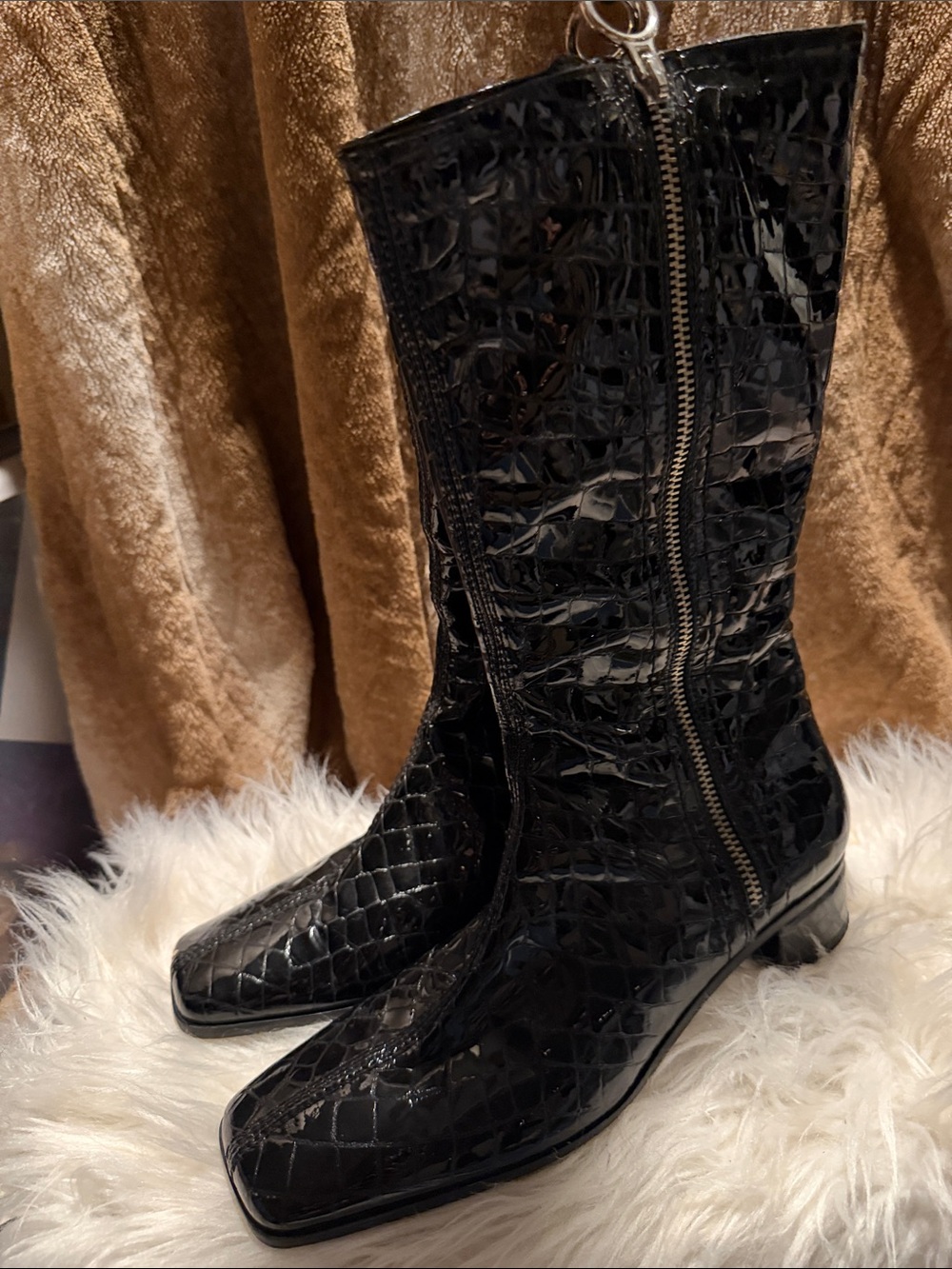Aquatalia Black Croc-Embossed Mid-Calf Zip Boots